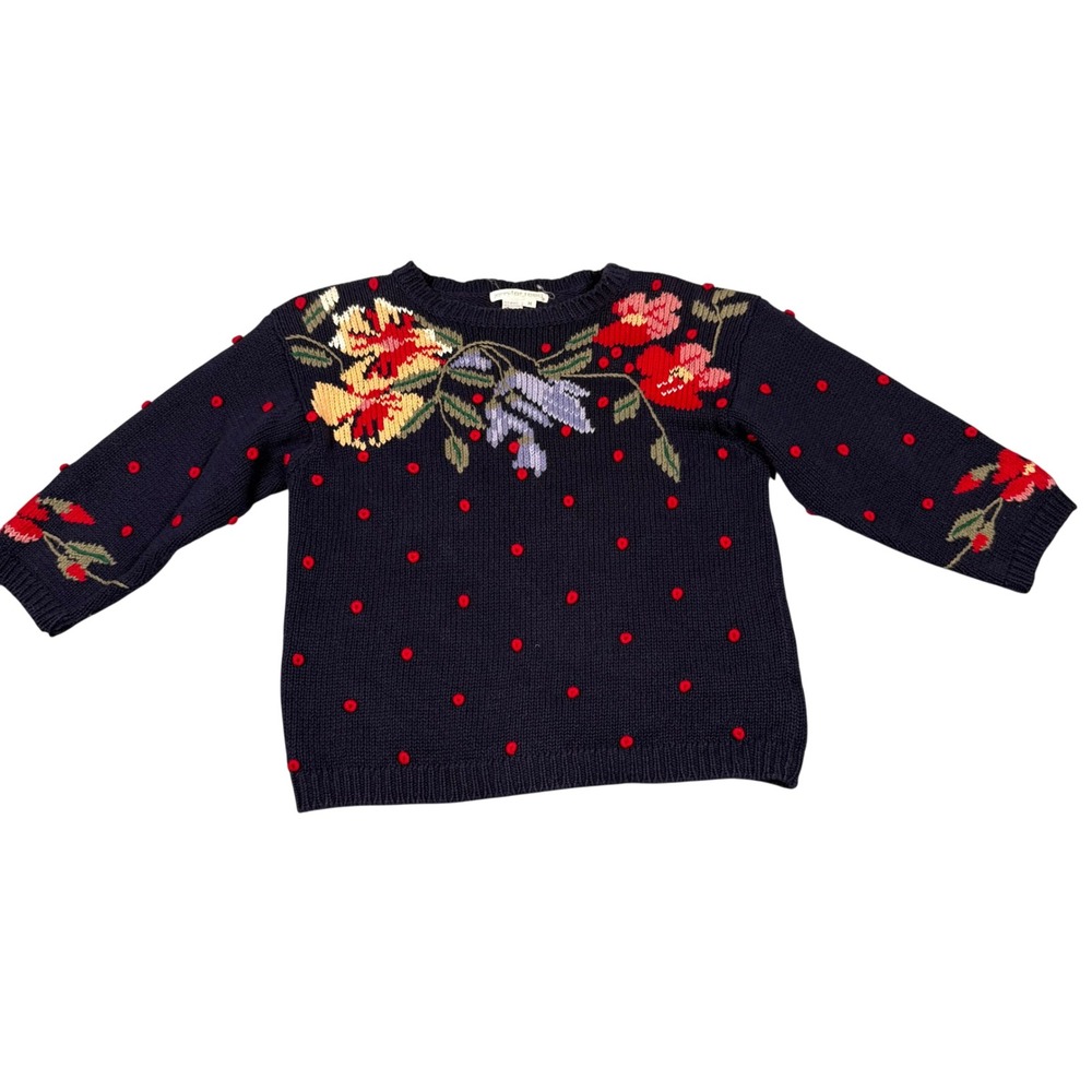 Vintage Jennifer Reed Grannycore Navy Floral Knit Sweater Ramie Cotton Medium